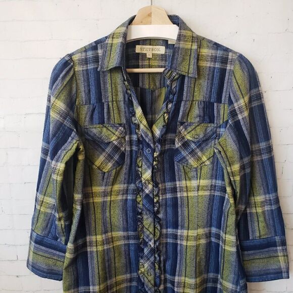 Stetson Western Flannel Dress Size M Green Blue Plaid Long Sleeve Rodeo Festival - Picture 2 of 8